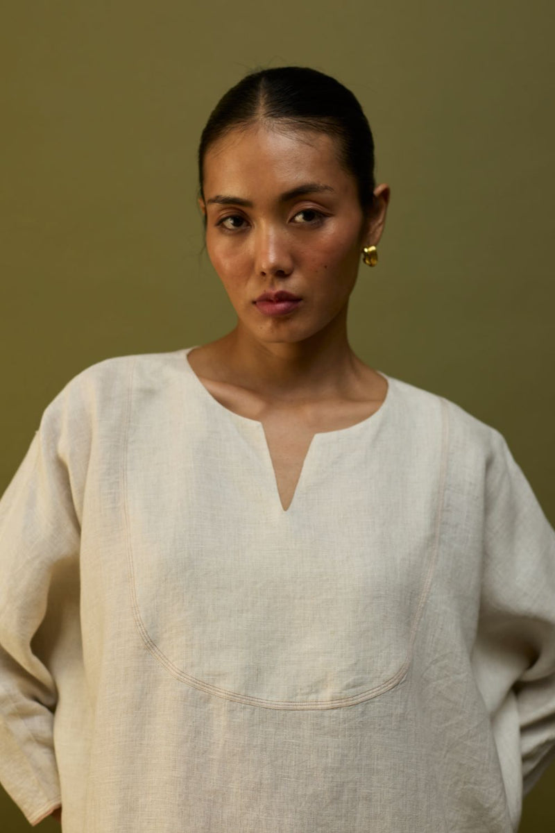 Etsu Yoke Linen Kurta Set - Off White by Manan for in Singapore