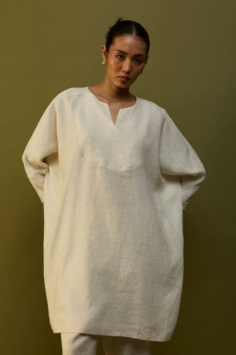 Etsu Yoke Linen Kurta Set - Off White by Manan for in Singapore