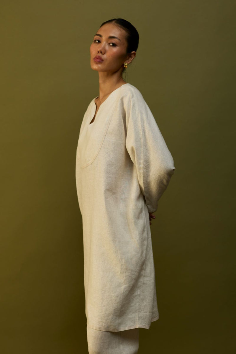 Etsu Yoke Linen Kurta Set - Off White by Manan for in Singapore
