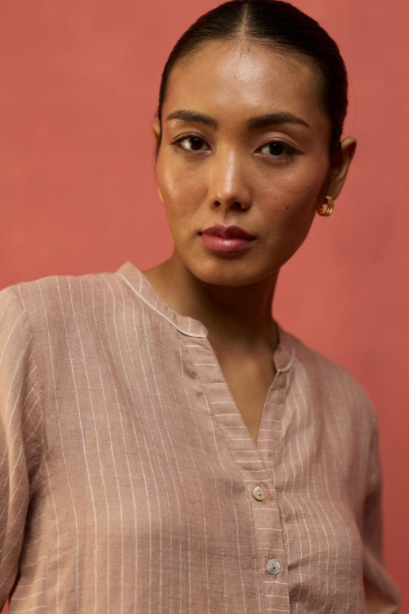 Bunka Stripe Linen Kurta Set - Dusty Rose by Manan for in Singapore