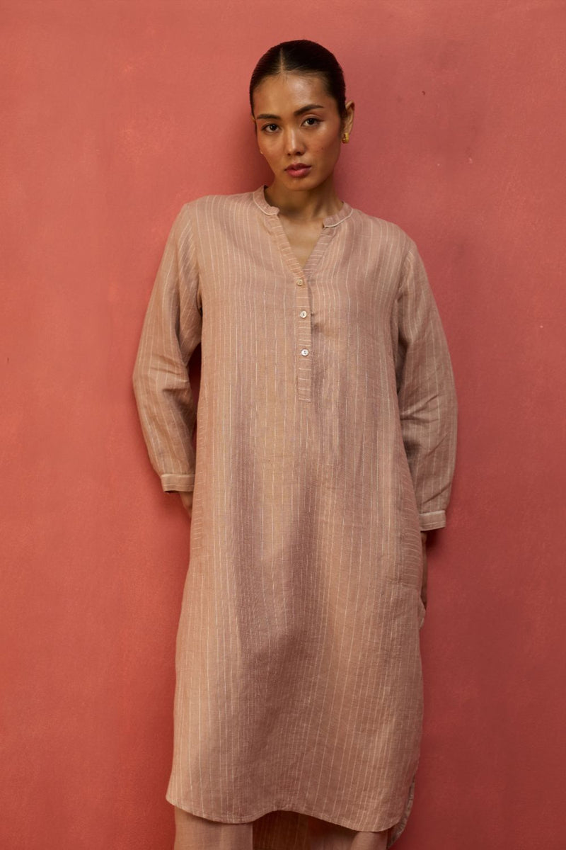 Bunka Stripe Linen Kurta Set - Dusty Rose by Manan for in Singapore