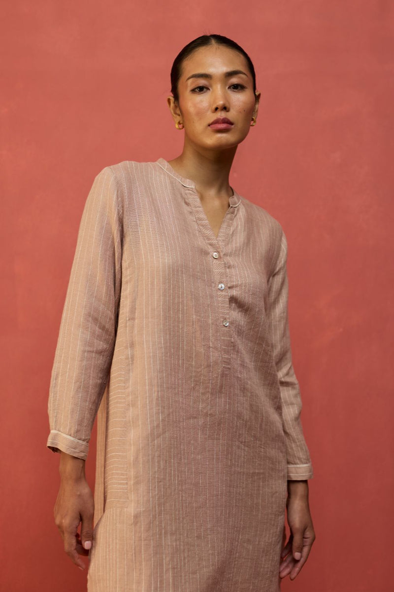 Bunka Stripe Linen Kurta Set - Dusty Rose by Manan for in Singapore