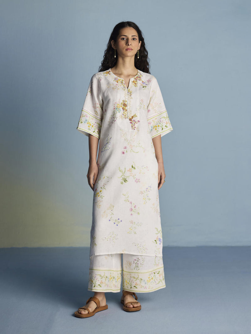 Para Hand-Embroidered Linen Kurta - White linen by Manan in white color for women in Singapore