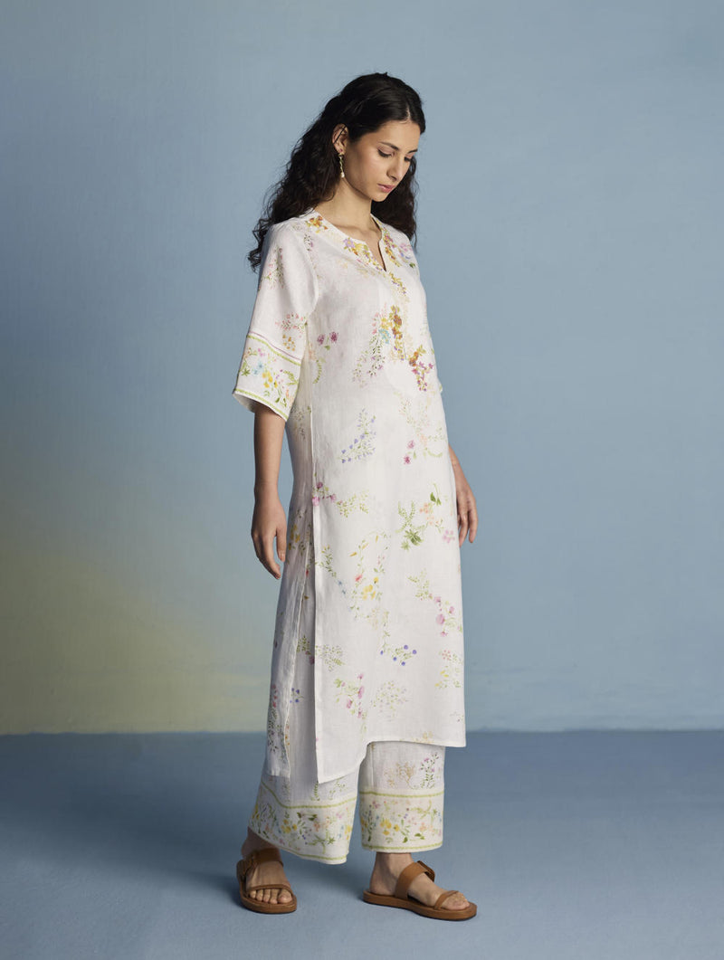 Para Hand-Embroidered Linen Kurta - White linen by Manan in white color for women in Singapore