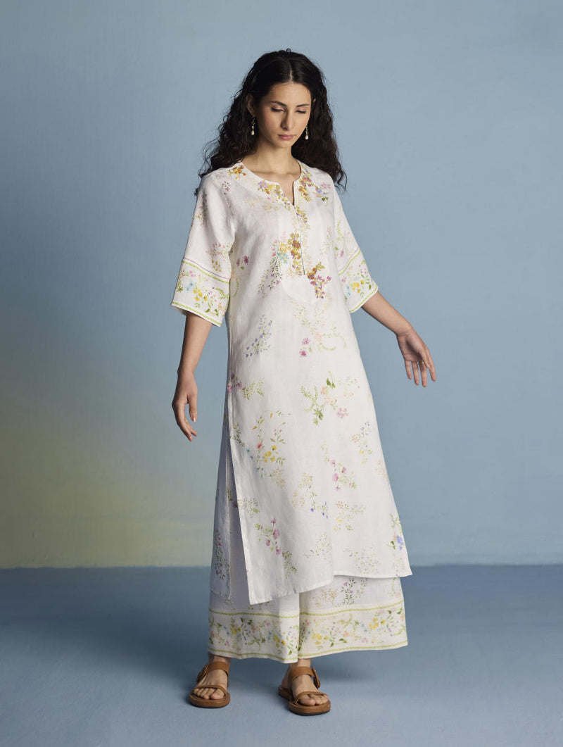 Para Hand-Embroidered Linen Kurta - White linen by Manan in white color for women in Singapore