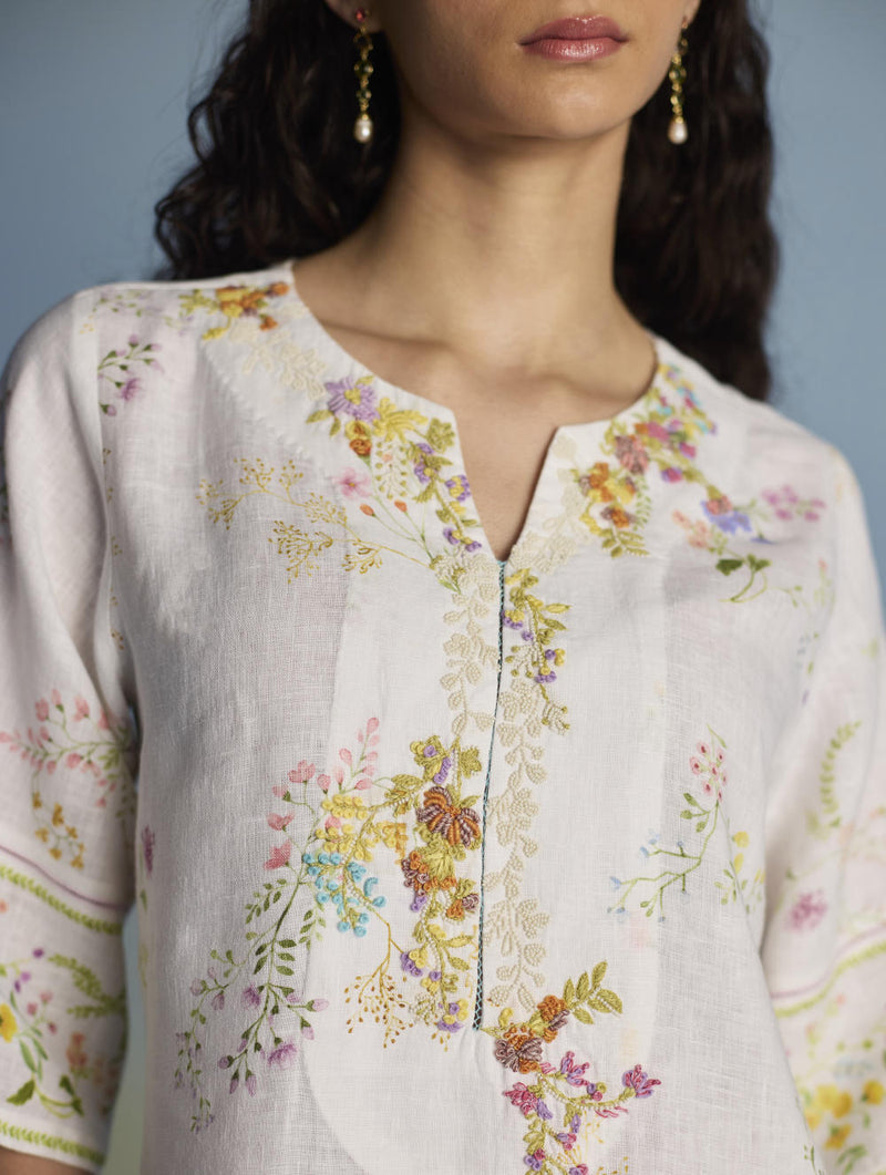 Para Hand-Embroidered Linen Kurta Set - White linen by Manan in white color for women in Singapore