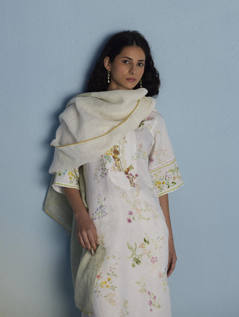Para Hand-Embroidered Linen Kurta Set - White linen by Manan in white color for women in Singapore