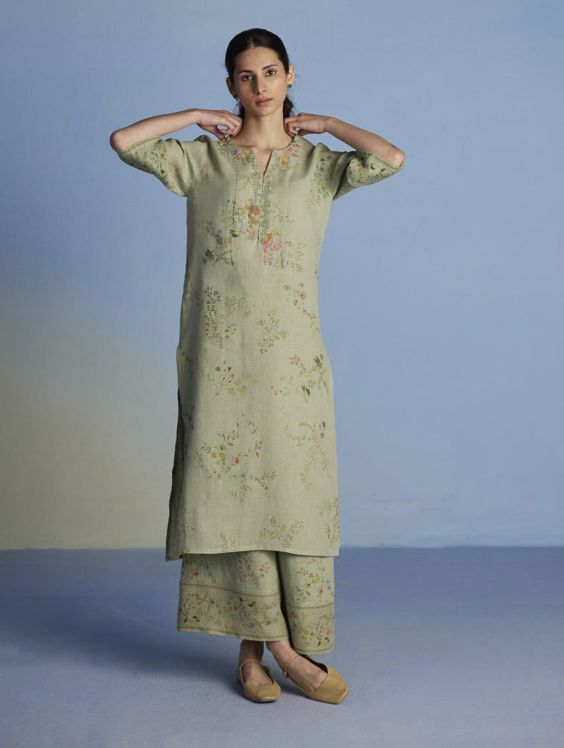 Para Hand-Embroidered Linen Kurta Set - Mint linen by Manan in mint color for women in Singapore
