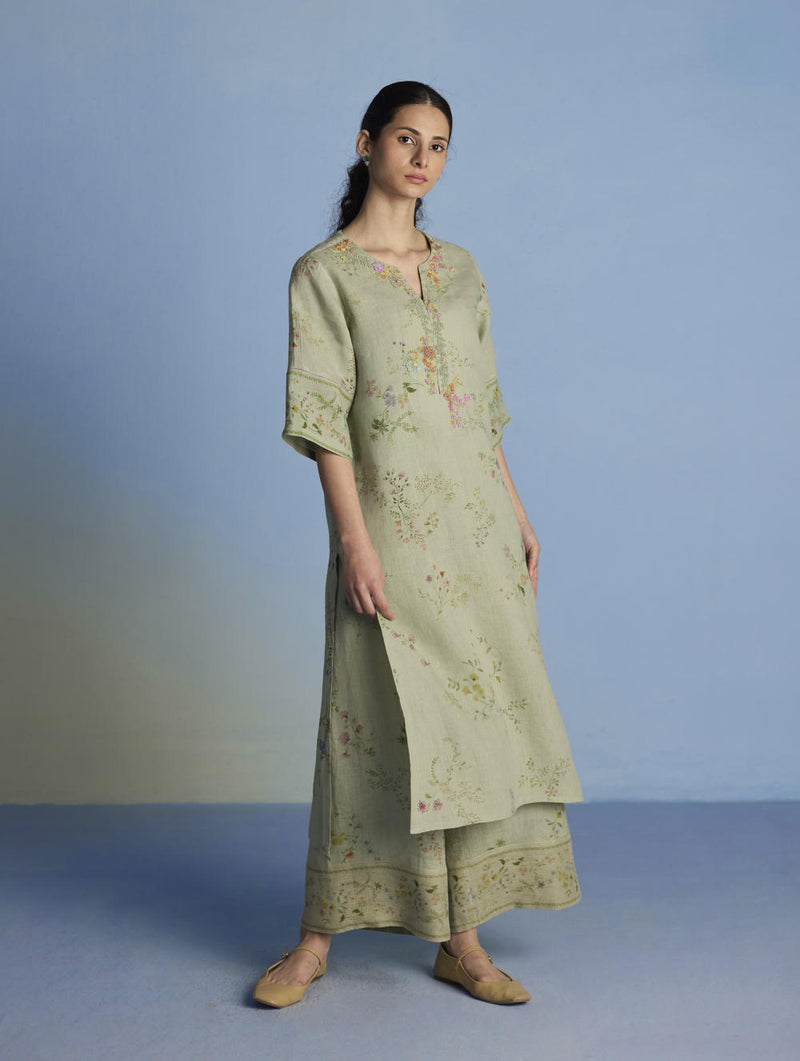 Para Hand-Embroidered Linen Kurta Set - Mint linen by Manan in mint color for women in Singapore