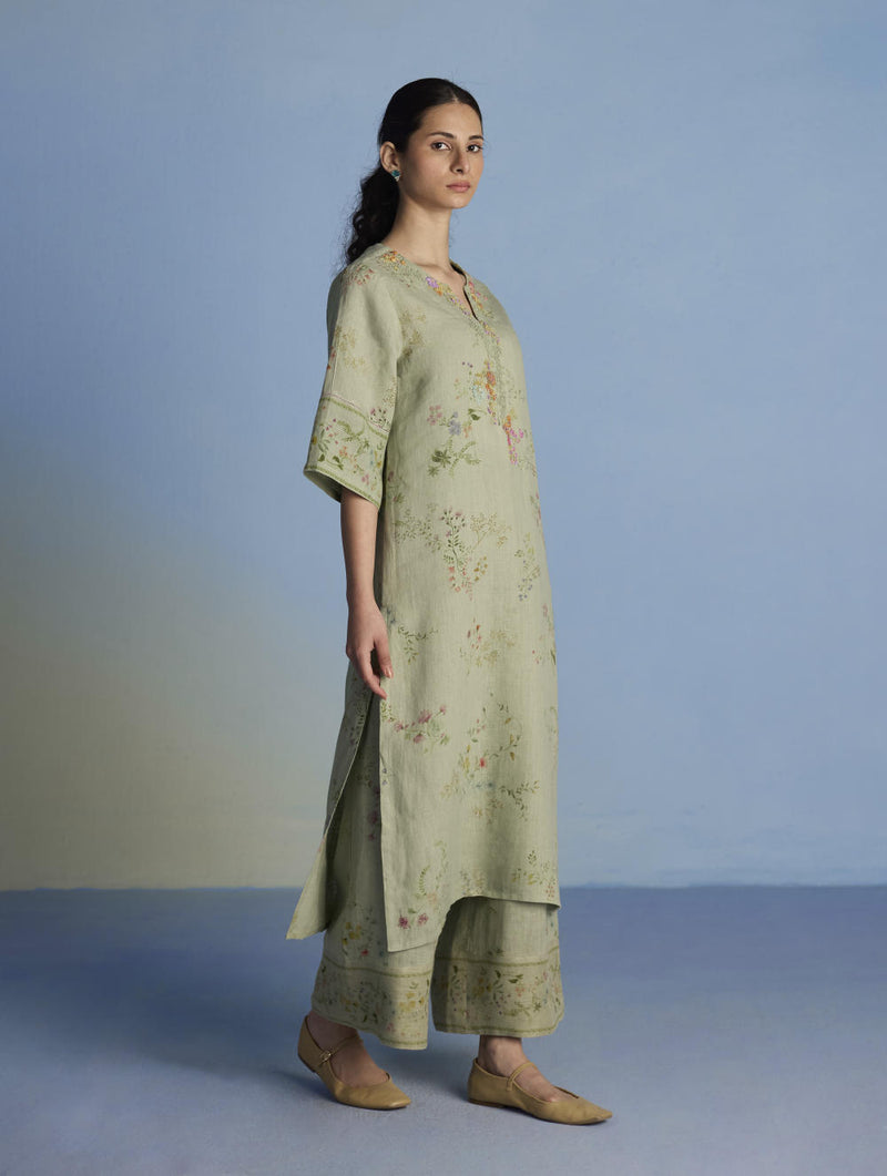 Para Hand-Embroidered Linen Kurta Set - Mint linen by Manan in mint color for women in Singapore