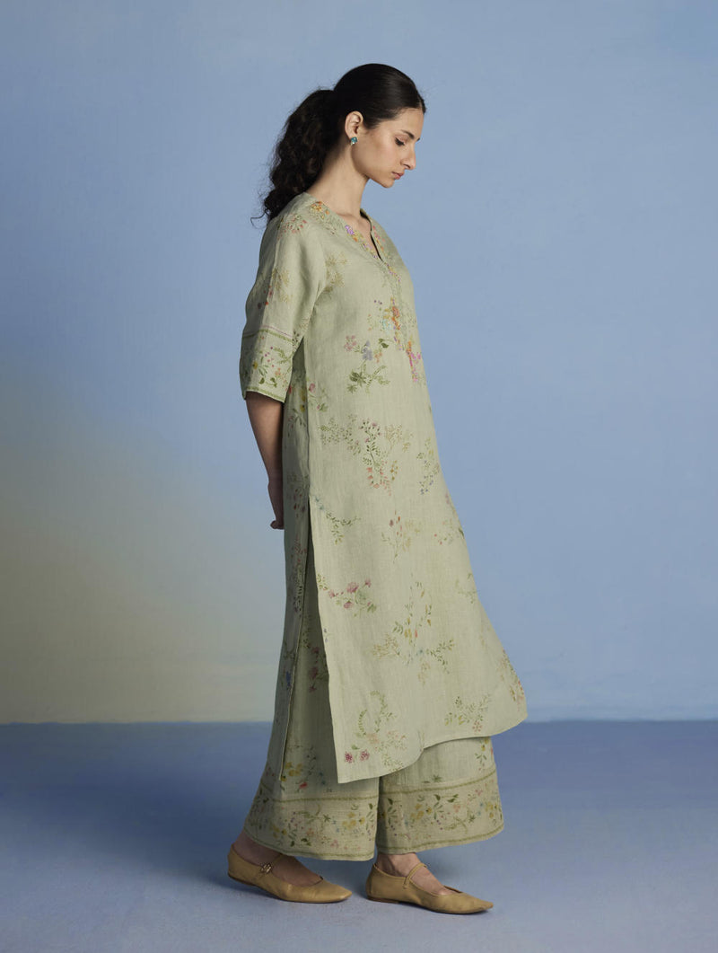 Para Hand-Embroidered Linen Kurta Set - Mint linen by Manan in mint color for women in Singapore