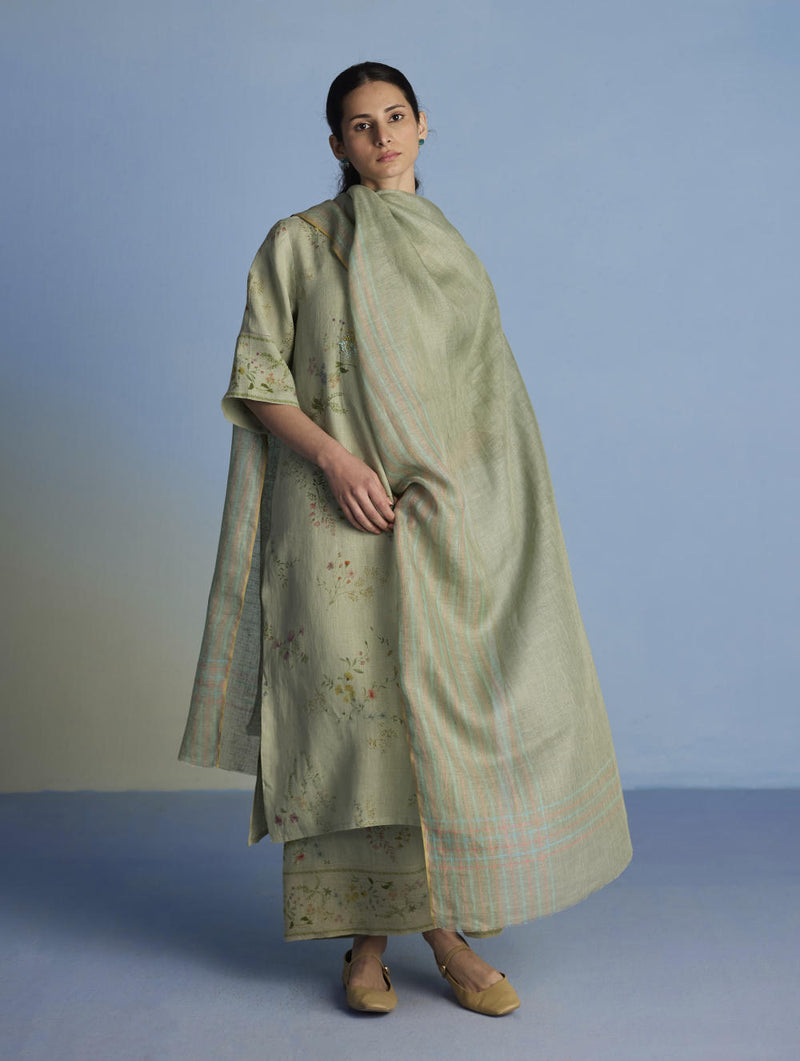 Para Hand-Embroidered Linen Kurta Set - Mint linen by Manan in mint color for women in Singapore