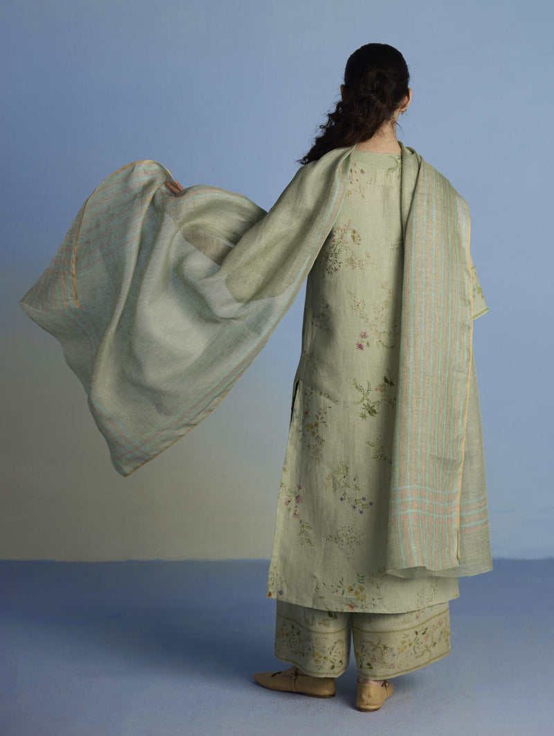 Para Hand-Embroidered Linen Kurta Set - Mint linen by Manan in mint color for women in Singapore