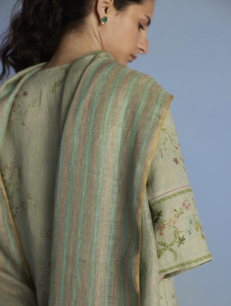 Para Hand-Embroidered Linen Kurta Set - Mint linen by Manan in mint color for women in Singapore