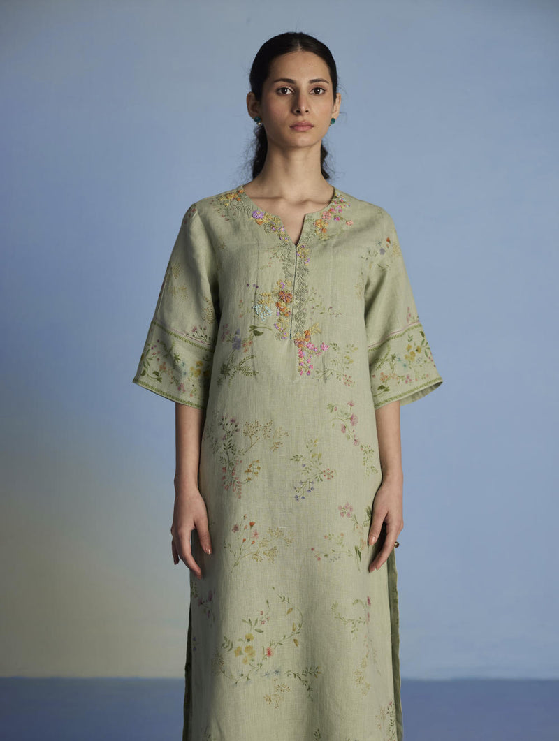 Para Hand-Embroidered Linen Kurta Set - Mint linen by Manan in mint color for women in Singapore