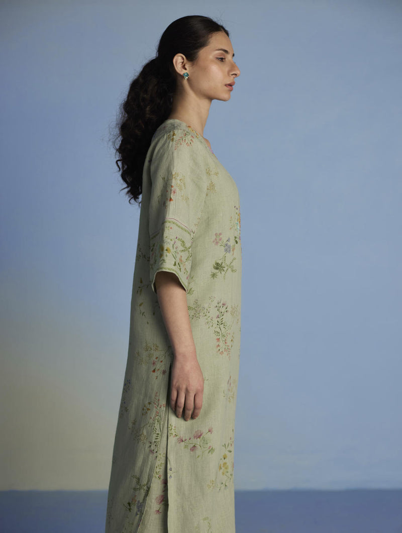 Para Hand-Embroidered Linen Kurta - Mint linen by Manan in mint color for women in Singapore