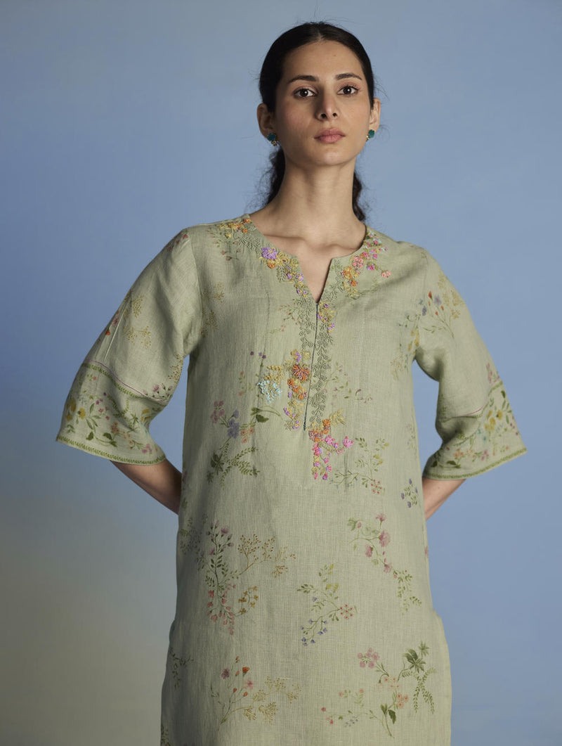 Para Hand-Embroidered Linen Kurta - Mint linen by Manan in mint color for women in Singapore