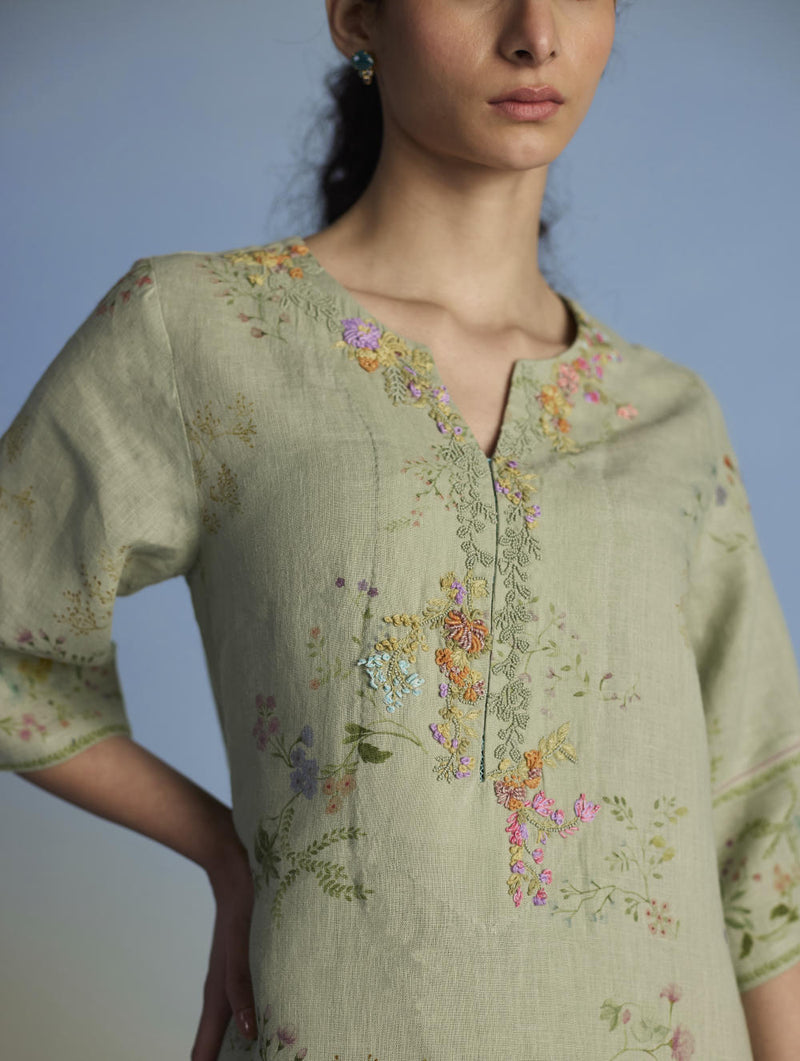 Para Hand-Embroidered Linen Kurta - Mint linen by Manan in mint color for women in Singapore