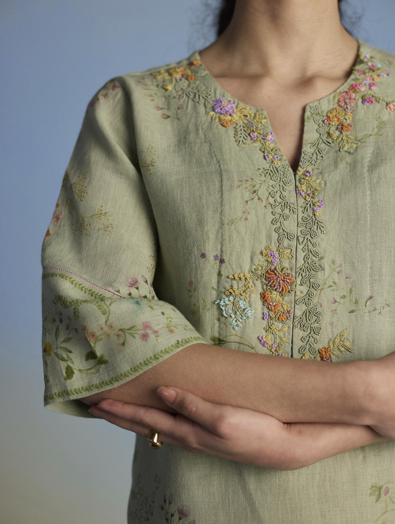 Para Hand-Embroidered Linen Kurta - Mint linen by Manan in mint color for women in Singapore