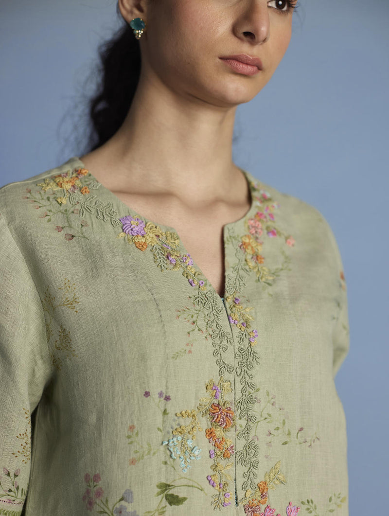 Para Hand-Embroidered Linen Kurta - Mint linen by Manan in mint color for women in Singapore