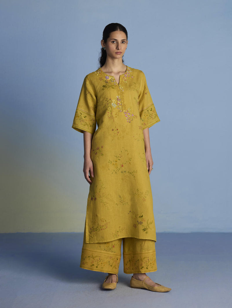 Para Hand-Embroidered Linen Kurta - Ochre linen by Manan for women in Singapore