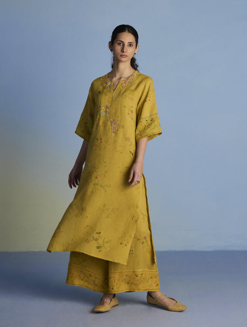 Para Hand-Embroidered Linen Kurta - Ochre linen by Manan for women in Singapore