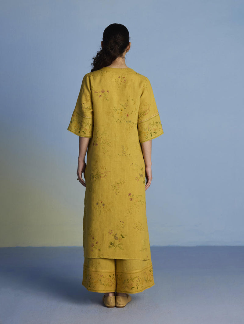 Para Hand-Embroidered Linen Kurta - Ochre linen by Manan for women in Singapore