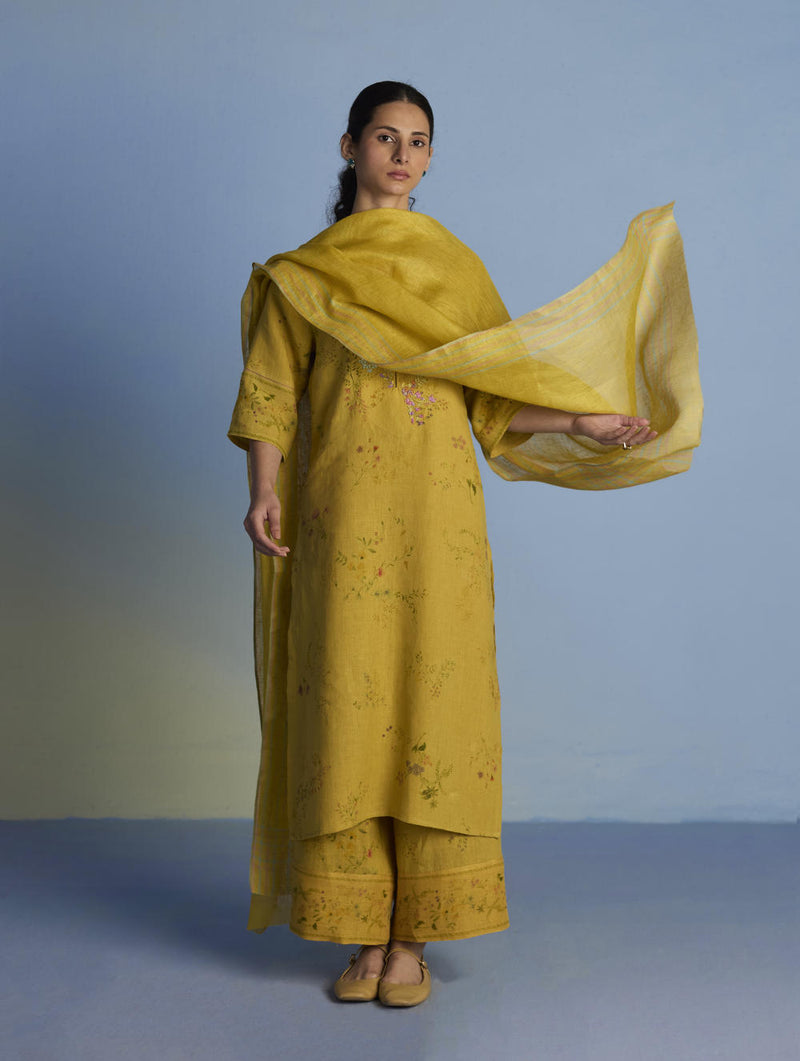 Para Hand-Embroidered Linen Kurta Set - Ochre linen by Manan for women in Singapore