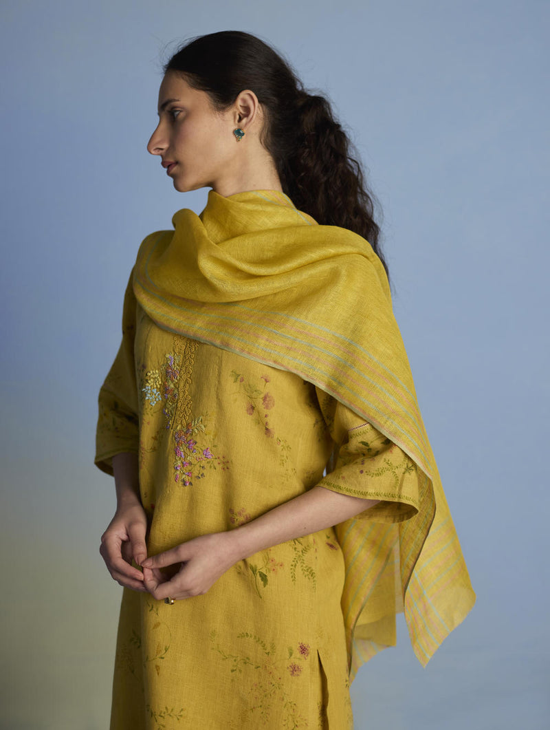Para Hand-Embroidered Linen Kurta Set - Ochre linen by Manan for women in Singapore