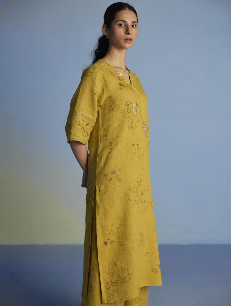Para Hand-Embroidered Linen Kurta Set - Ochre linen by Manan for women in Singapore
