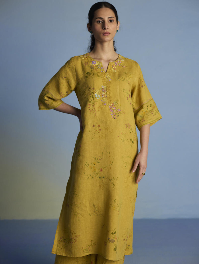 Para Hand-Embroidered Linen Kurta Set - Ochre linen by Manan for women in Singapore