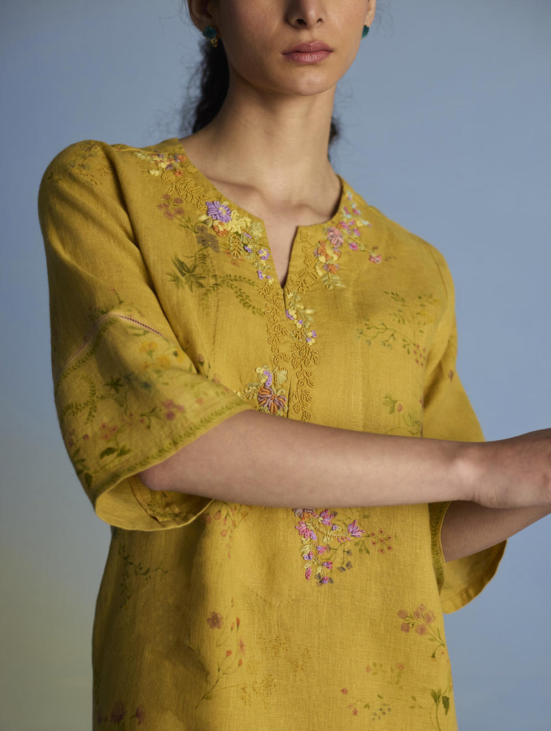 Para Hand-Embroidered Linen Kurta - Ochre linen by Manan for women in Singapore