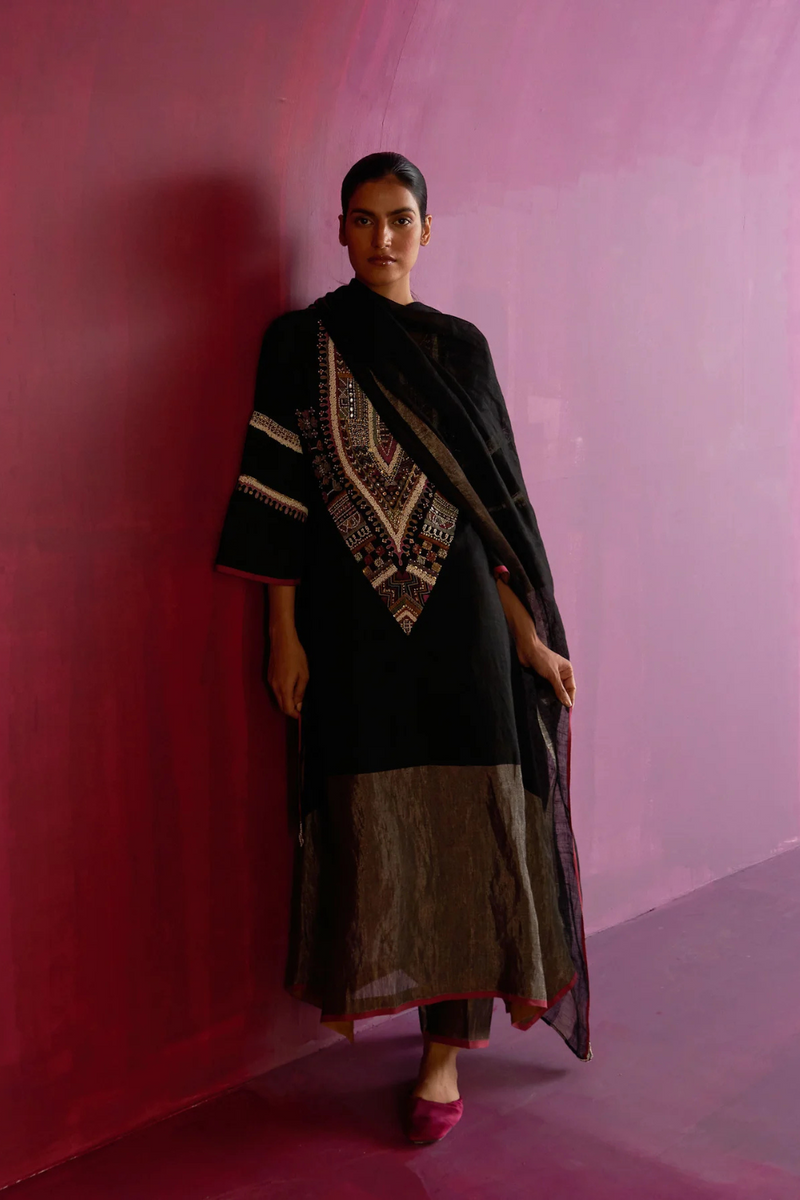 Afra Hand-Embroidered Kurta - Black linen by Manan in black color for women in Singapore