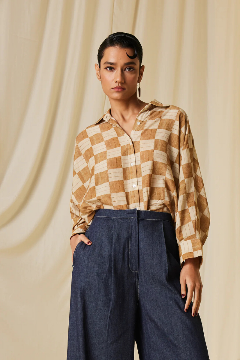 Kiera Shirt - Mustard Checks cotton Top & Tunics,Shirt by CORD for women in Singapore