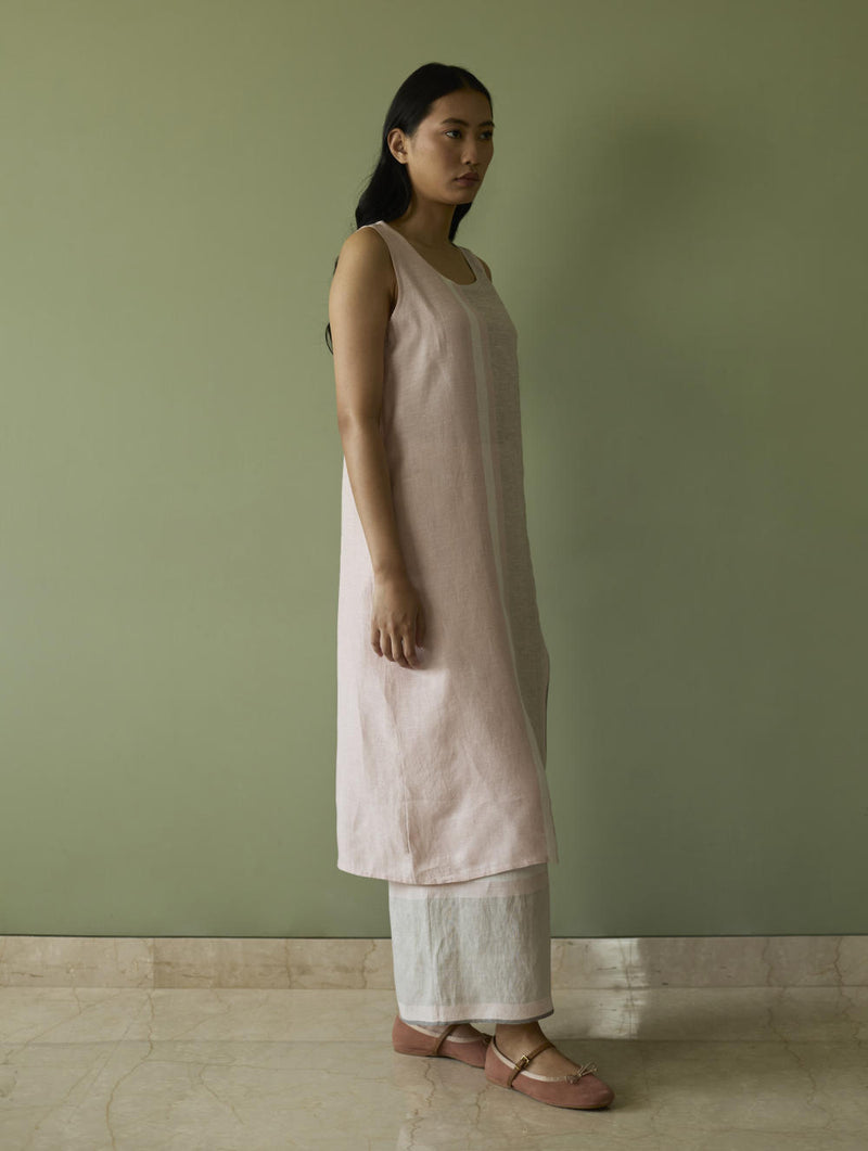 Yara Sleeveless Border Linen Kurta-Blush linen by Manan in blush color for women in Singapore