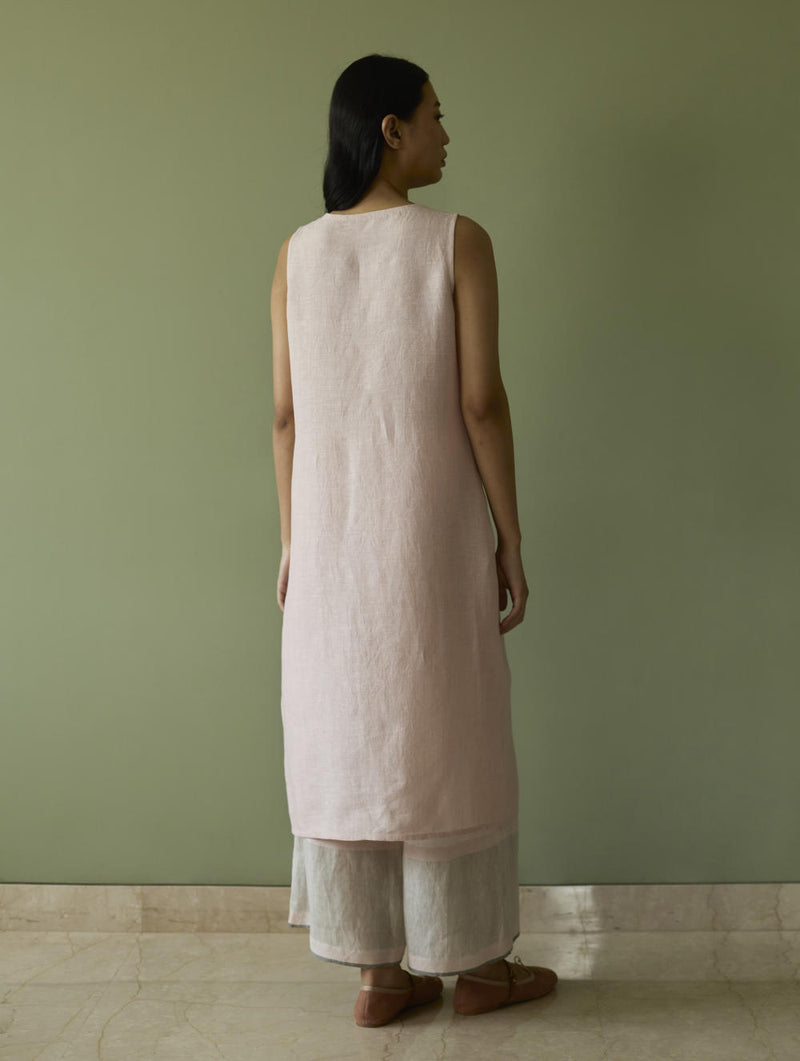 Yara Sleeveless Border Linen Kurta-Blush linen by Manan in blush color for women in Singapore