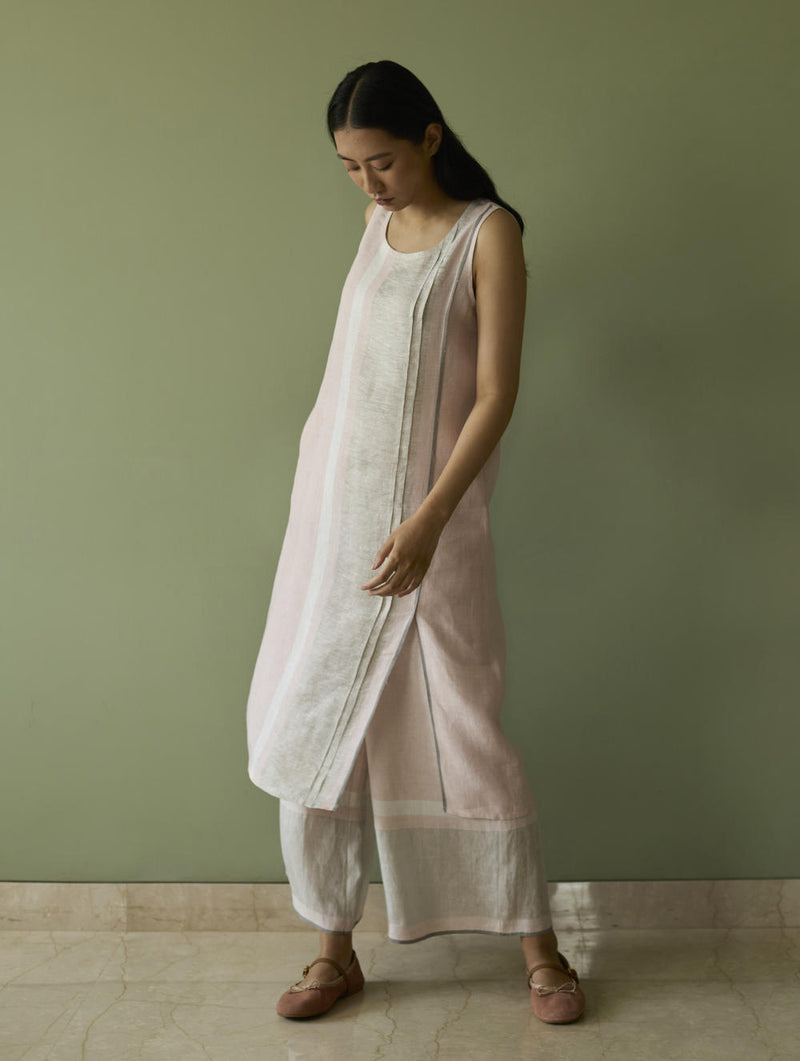 Yara Sleeveless Border Linen Kurta-Blush linen by Manan in blush color for women in Singapore