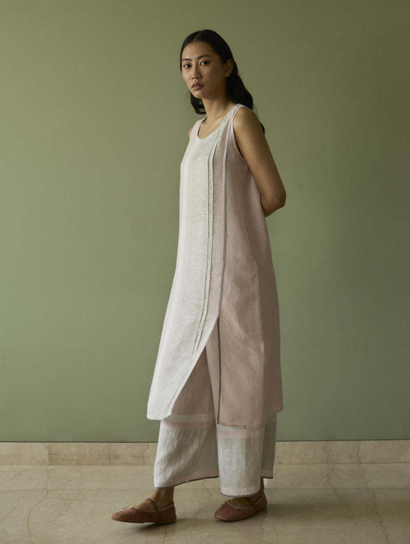 Yara Sleeveless Border Linen Kurta-Blush linen by Manan in blush color for women in Singapore