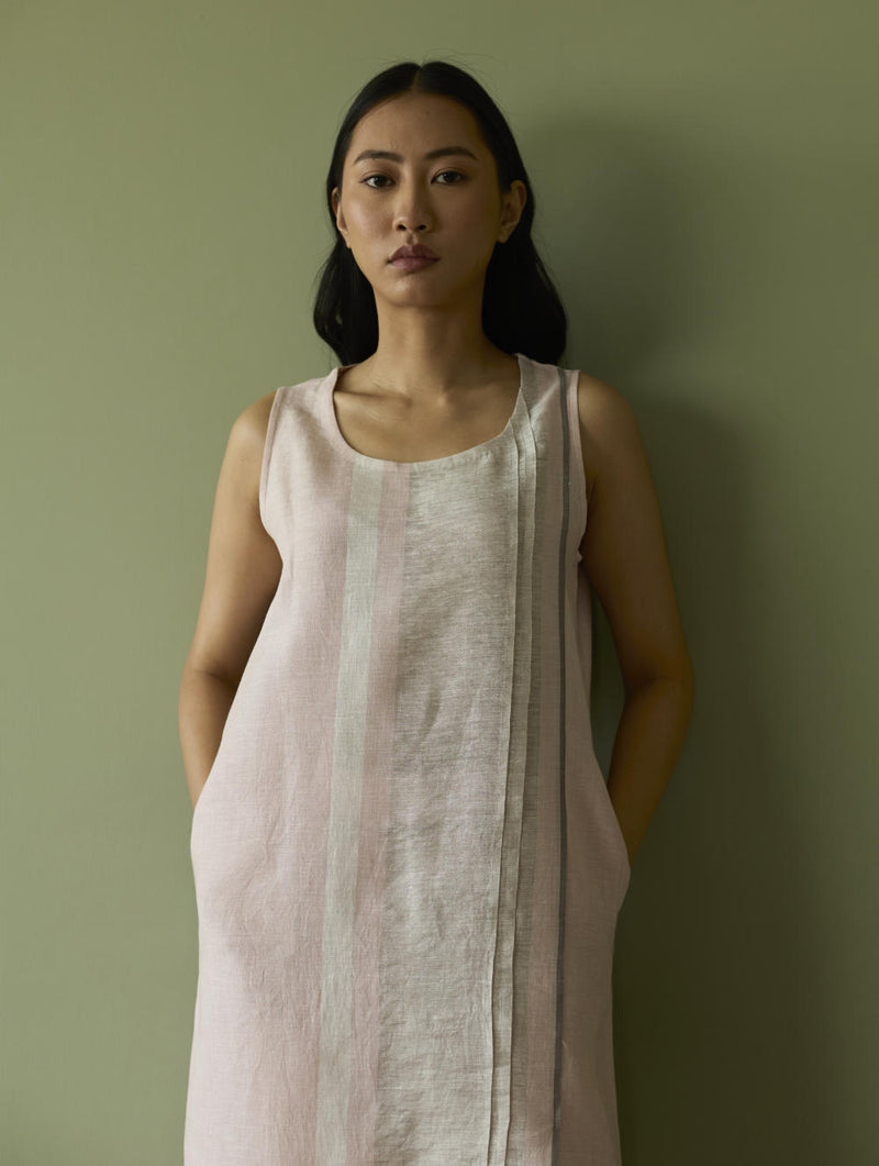 Yara Sleeveless Border Linen Kurta-Blush linen by Manan in blush color for women in Singapore