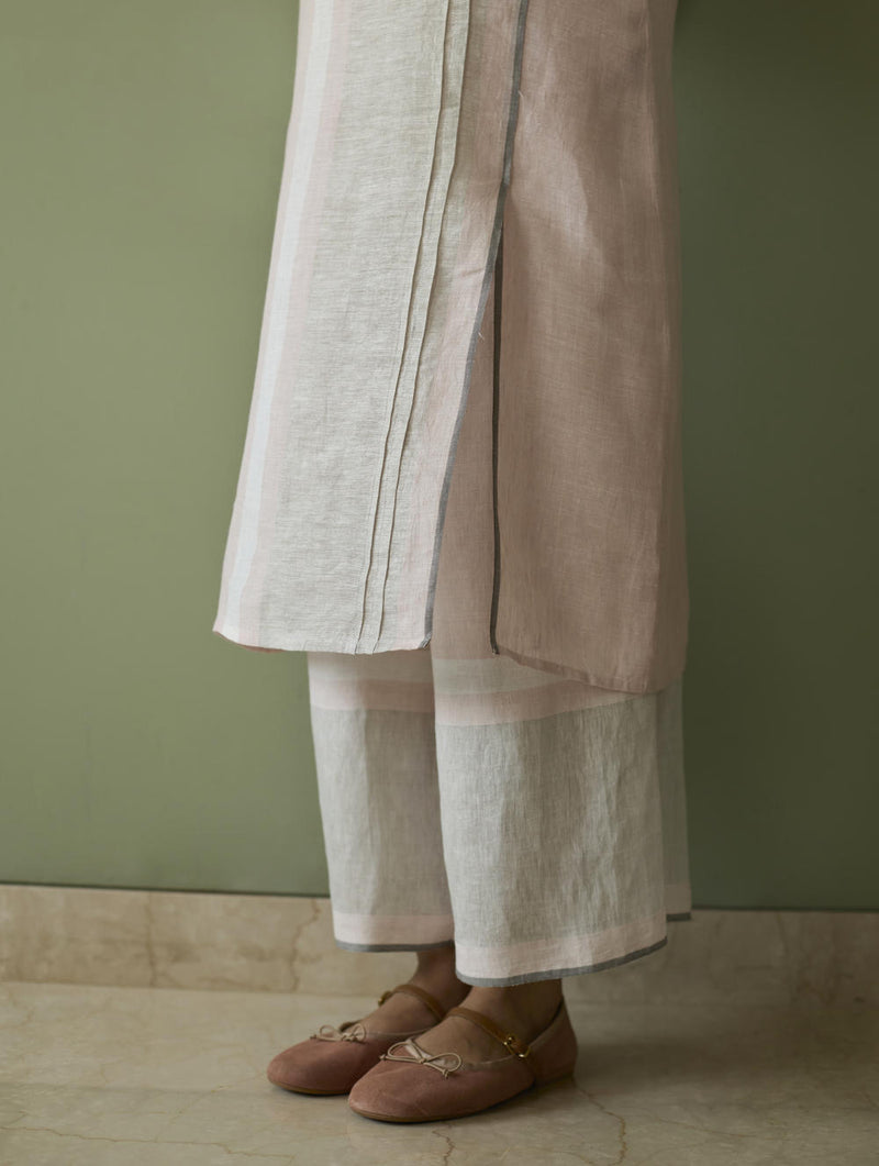 Yara Sleeveless Border Linen Kurta-Blush linen by Manan in blush color for women in Singapore
