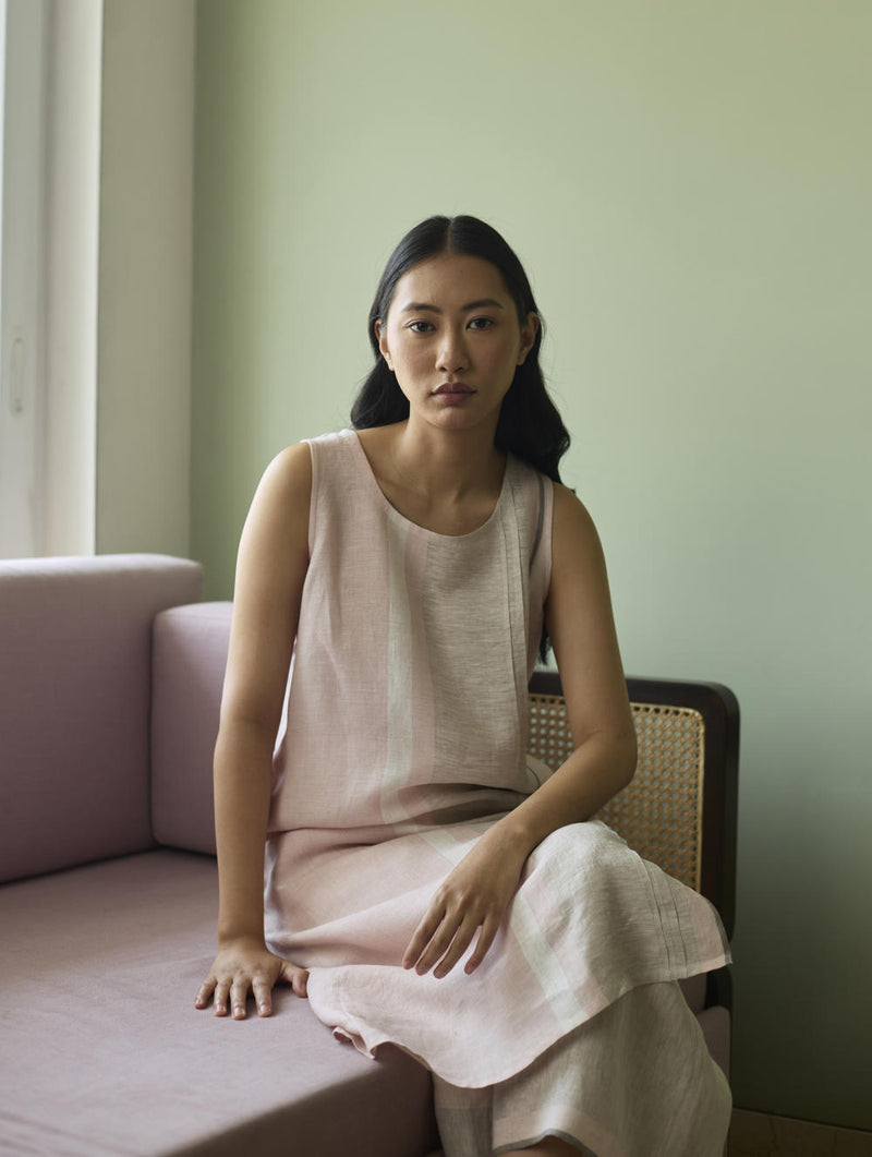 Yara Sleeveless Border Linen Kurta-Blush linen by Manan in blush color for women in Singapore