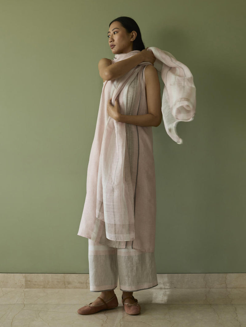 Yara Sleeveless Border Linen Kurta-Blush linen by Manan in blush color for women in Singapore