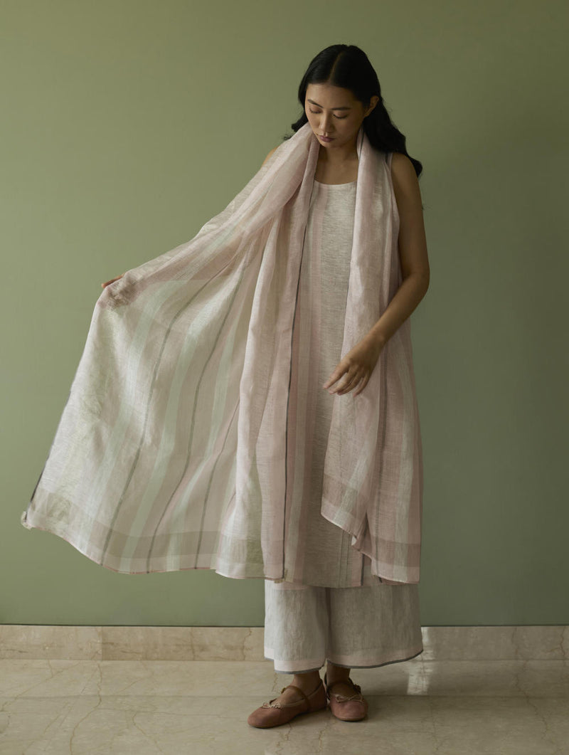 Yara Sleeveless Border Linen Kurta-Blush linen by Manan in blush color for women in Singapore