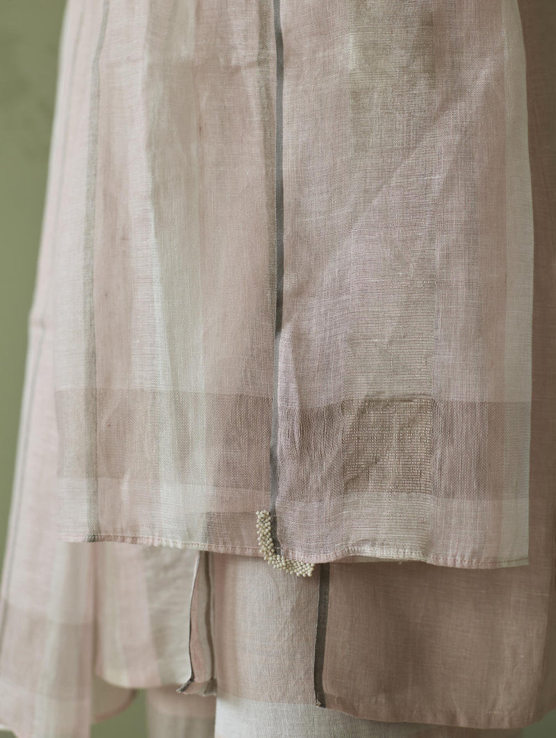 Yara Sleeveless Border Linen Kurta-Blush linen by Manan in blush color for women in Singapore