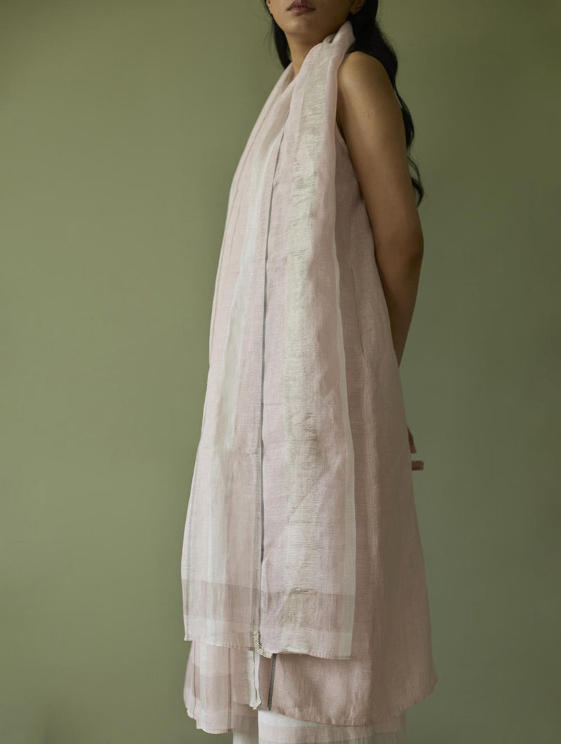 Yara Sleeveless Border Linen Kurta-Blush linen by Manan in blush color for women in Singapore