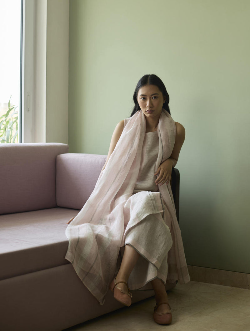 Yara Sleeveless Border Linen Kurta-Blush linen by Manan in blush color for women in Singapore