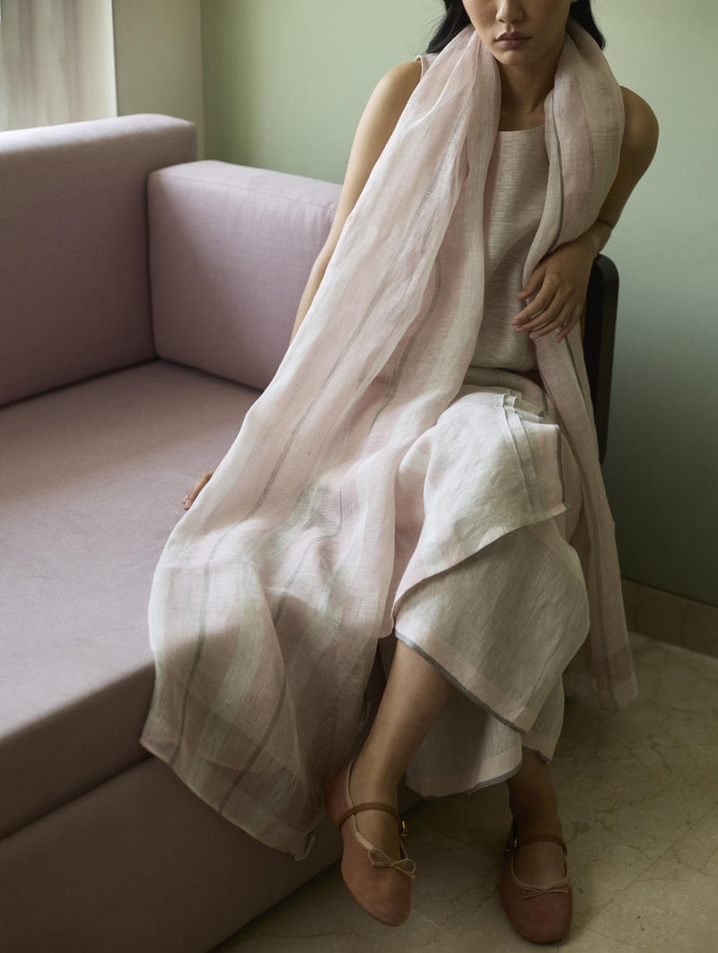 Yara Sleeveless Border Linen Kurta-Blush linen by Manan in blush color for women in Singapore