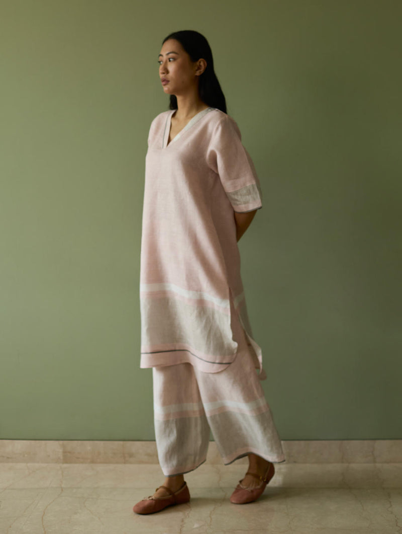 Iva Pleated Border Linen Kurta-Blush linen by Manan in blush color for women in Singapore