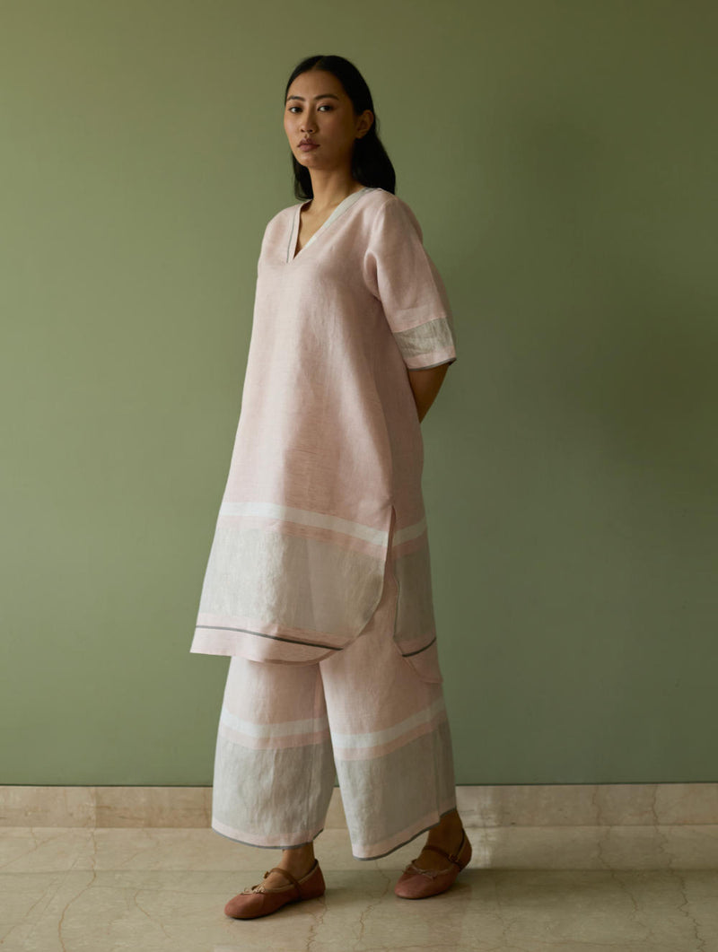 Iva Pleated Border Linen Kurta-Blush linen by Manan in blush color for women in Singapore