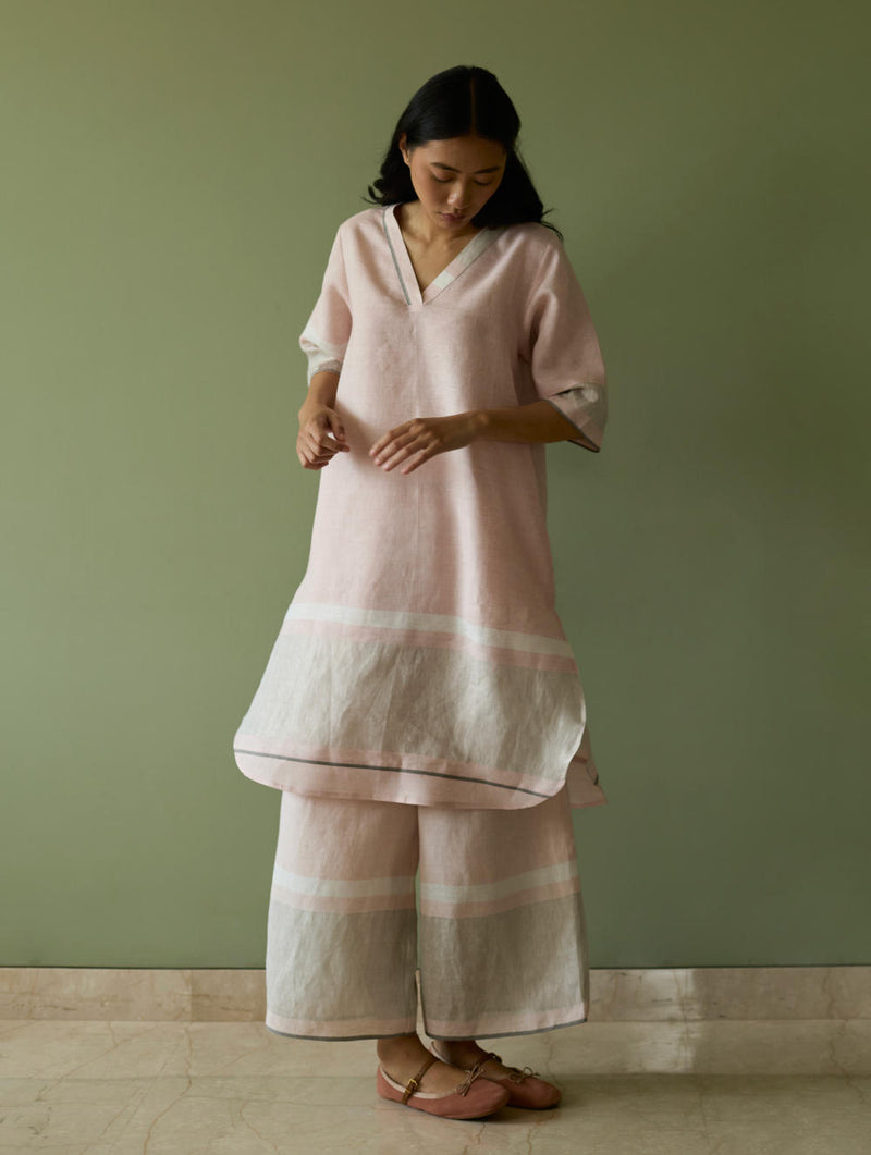 Iva Pleated Border Linen Kurta-Blush linen by Manan in blush color for women in Singapore